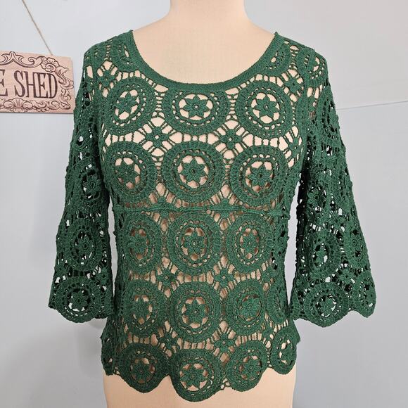 Ultra Pink Top Womens Small Green Open Crochet Knit 3/4 Bell Sleeve Scoopneck - Picture 4 of 14